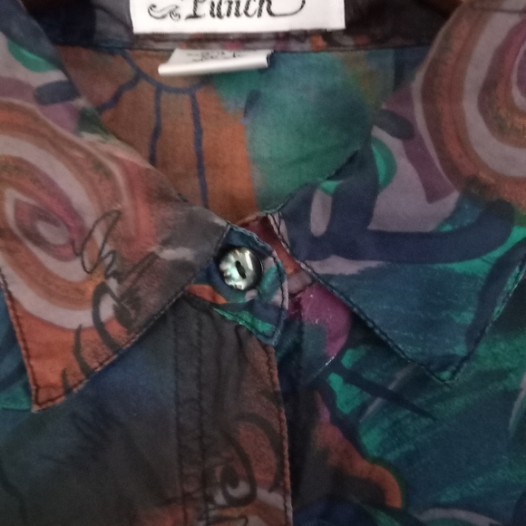 Punch Vintage L Silk Button Down Volcano Sun Pattern Top Blouse Turquoise Tan - Picture 12 of 16